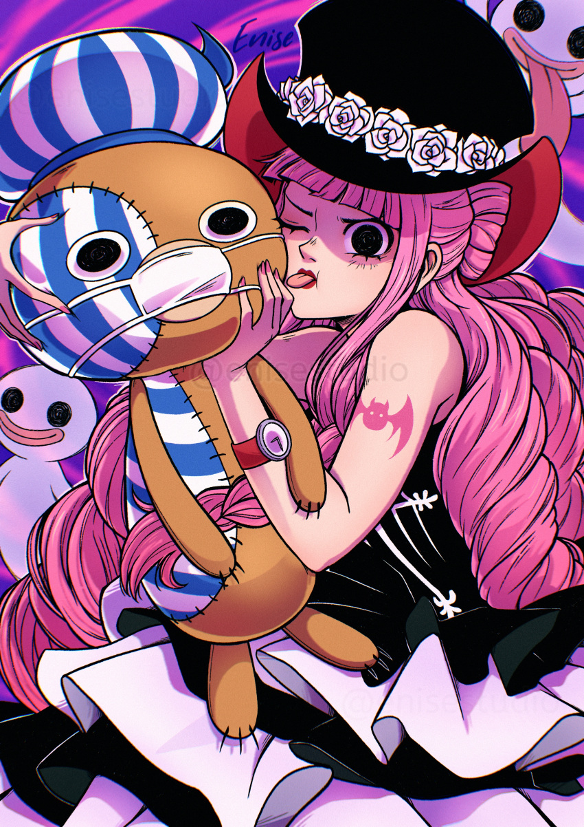1girl, absurdres, bat_tattoo, black_dress, black_headwear, dress, enise, flower