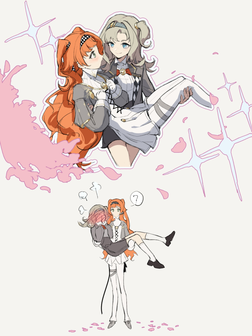 2girls, ?, black_skirt, blue_eyes, blue_hairband, blush, blush_visible_through_hands, bow