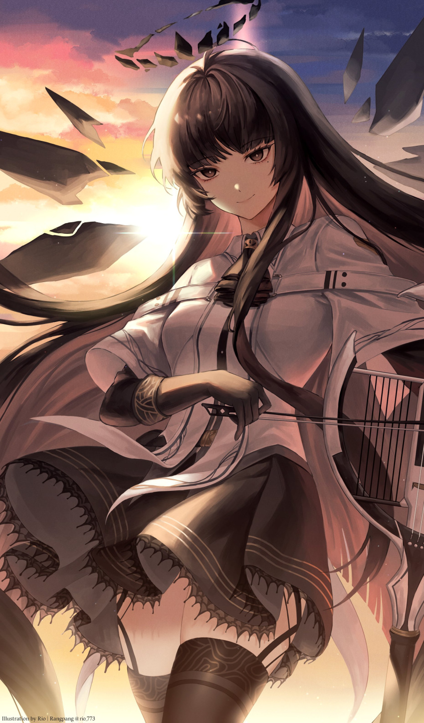 1girl, absurdly_long_hair, absurdres, ahoge, arknights, artist_name, ascot, backlighting
