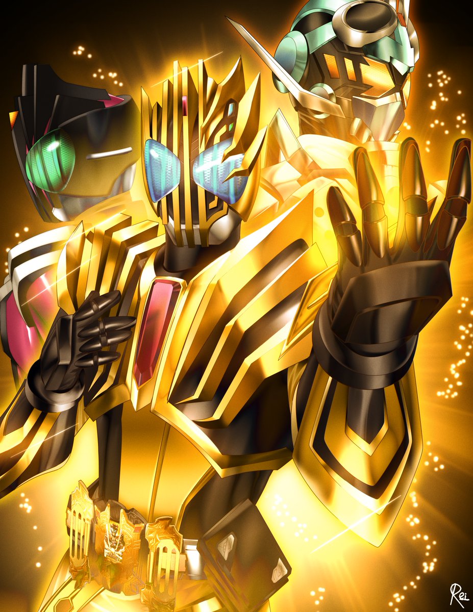 3boys, armor, asymmetrical_armor, aura, black_armor, black_bodysuit, black_gloves, blue_eyes, blue_gemstone, bodysuit, bug, diamond_(shape), driver_(kamen_rider), foreshortening, gem, gloves, glowing, glowing_eyes, goggles, gold_trim, grasshopper, green_eyes, green_gemstone, hand_on_own_chest, highres, indoors, jewelry, kamen_rider, kamen_rider_dcd, kamen_rider_decade, kamen_rider_gotchard, kamen_rider_gotchard_(series), kamen_rider_gotchard_vs_kamen_rider_legend, kamen_rider_legend, legendriver, multiple_boys, open_hands, red_gemstone, reiei_8, rider_belt, signature, sparkle, steam_hopper, tokusatsu, upper_body