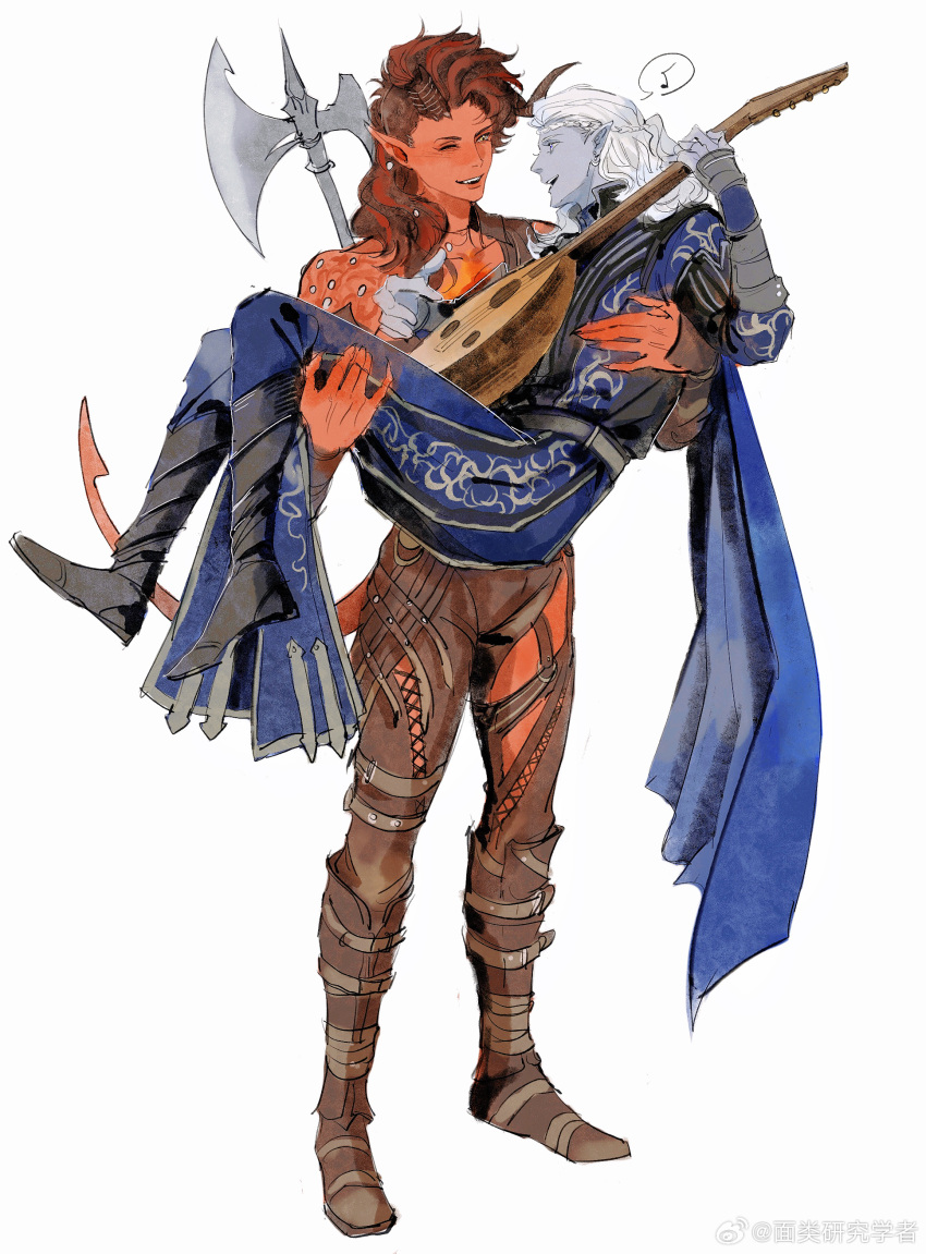 1boy, 1girl, ;d, absurdres, asymmetrical_hair, axe, baldur's_gate, baldur's_gate_3