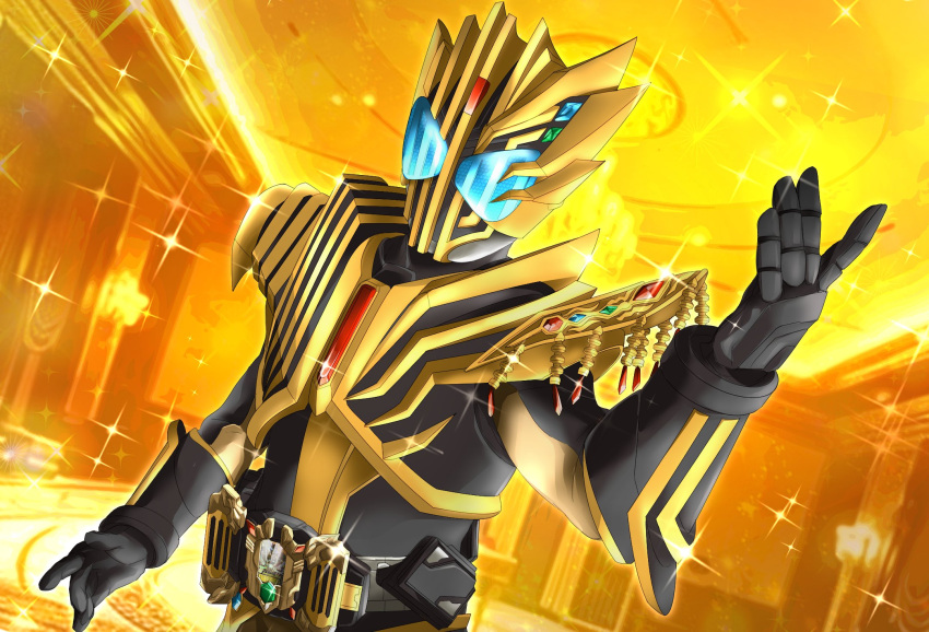 1boy, armor, asymmetrical_armor, black_armor, black_bodysuit, black_gloves, blue_eyes, blue_gemstone, bodysuit, diamond_(shape), driver_(kamen_rider), gem, gloves, glowing, glowing_eyes, gold_trim, green_gemstone, highres, indoors, jewelry, kamen_rider, kamen_rider_gotchard_(series), kamen_rider_gotchard_vs_kamen_rider_legend, kamen_rider_legend, legendriver, male_focus, miyabi_(037), open_hands, red_gemstone, rider_belt, solo, sparkle, tokusatsu, upper_body