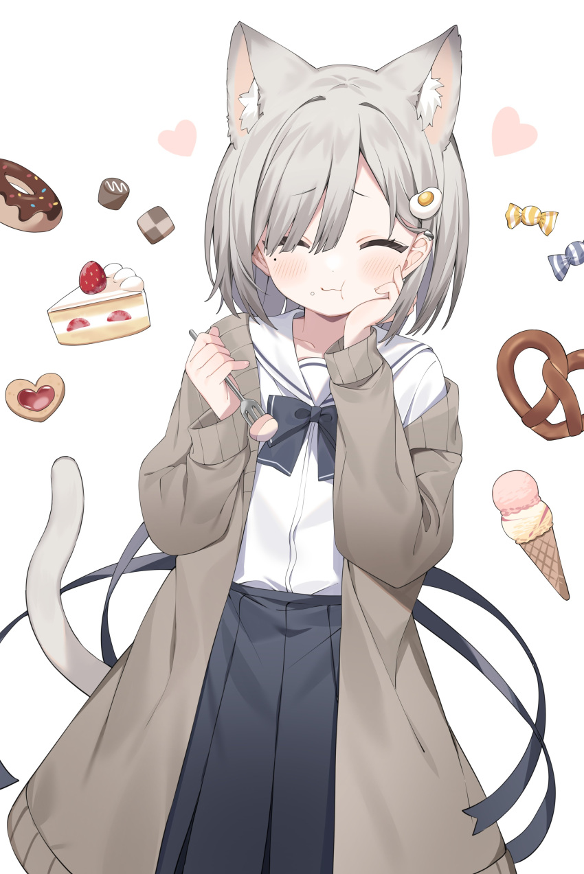 1girl, absurdres, animal_ears, black_skirt, blush, cake, cake_slice, cat_ears, cat_tail, checkerboard_cookie, closed_eyes, closed_mouth, coat, cookie, doughnut, eating, food, fork, grey_coat, grey_hair, highres, holding, holding_fork, ice_cream, inuyayo, long_sleeves, mole, mole_under_eye, open_clothes, open_coat, original, pleated_skirt, pretzel, sailor_collar, short_hair, skirt, solo, tail, white_sailor_collar
