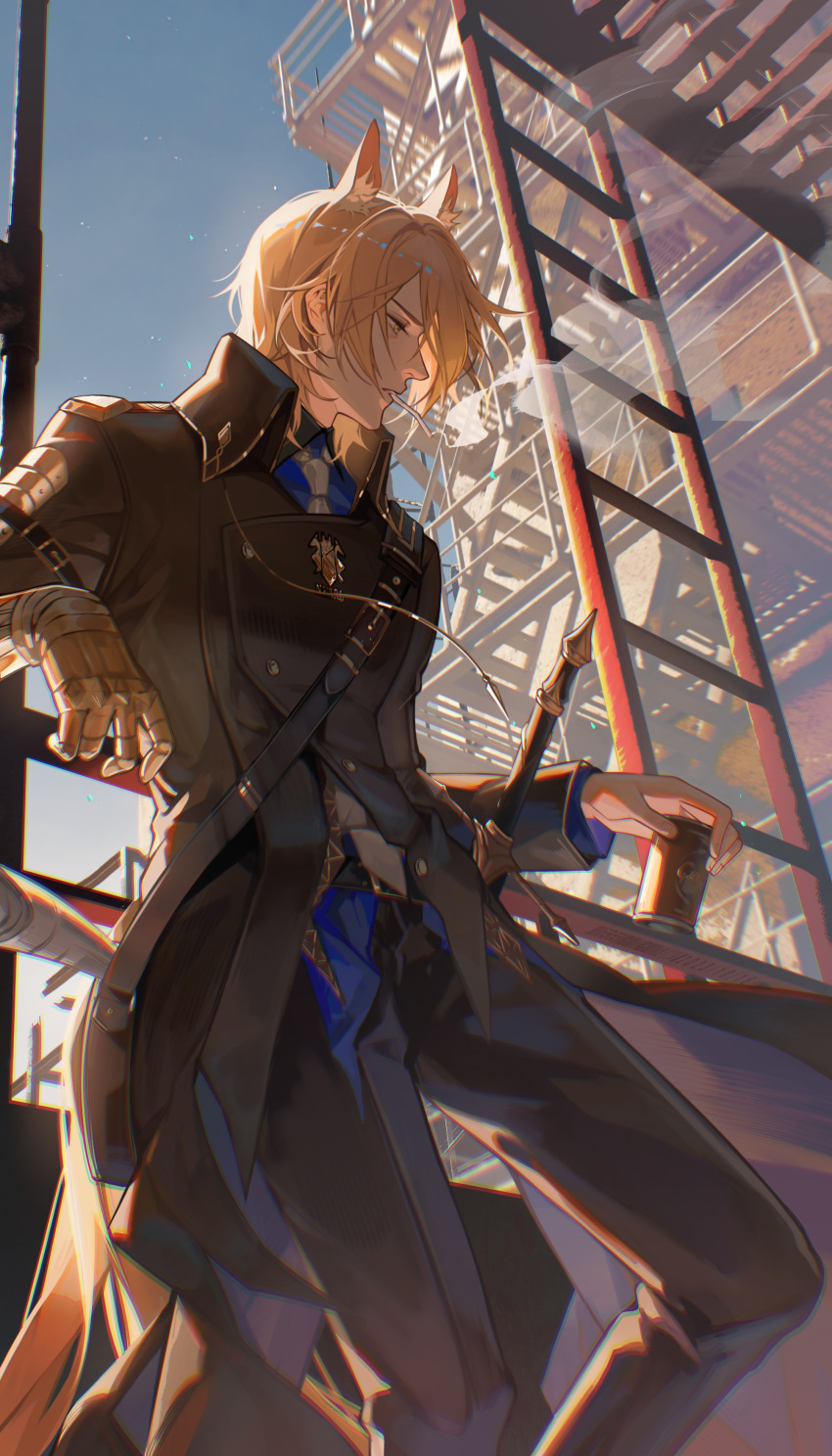 1boy, absurdres, against_railing, animal_ear_fluff, animal_ears, apartment, arknights, backlighting, bag, belt, black_belt, black_coat, black_pants, blonde_hair, blue_shirt, blue_sky, can, chinese_commentary, cigarette, coat, commentary_request, feet_out_of_frame, fire_escape, formal, gauntlets, half-closed_eyes, highres, holding, holding_can, horse_boy, horse_ears, horse_tail, knee_up, ladder, long_sleeves, looking_to_the_side, male_focus, mlynar_(arknights), navel, necktie, newspaper, outdoors, pants, procreate_(medium), railing, rolled_up_newspaper, scaffolding, shirt, single_gauntlet, sky, smoke, smoking, solo, suit, tail, white_necktie, xianyu_guguzi