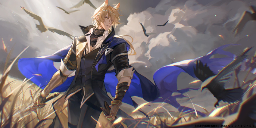 1boy, animal_ears, arknights, bird, black_jacket, black_pants, black_scarf, blonde_hair, blue_cape, blurry, blurry_foreground, cape, chinese_commentary, clouds, commentary_request, cowboy_shot, crow, gauntlets, grey_sky, highres, horse_boy, horse_ears, jacket, long_hair, looking_to_the_side, male_focus, mlynar_(arknights), mlynar_(wdali)_(arknights), official_alternate_costume, outdoors, pants, popped_collar, procreate_(medium), scarf, shirt, sky, sleeves_rolled_up, solo, wheat_field, white_shirt, xianyu_guguzi