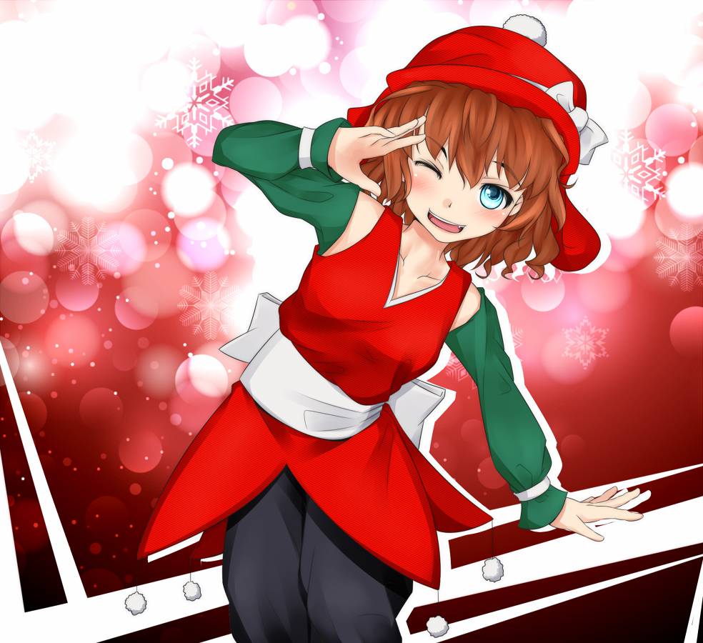 1girl, belt, black_pants, blue_eyes, blush, bow, brown_hair, christmas