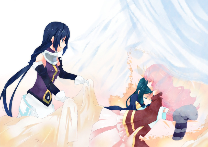 ar_tonelico, ar_tonelico_ii, armor, bare_shoulders, blanket, blue_eyes, blue_hair, curly_hair