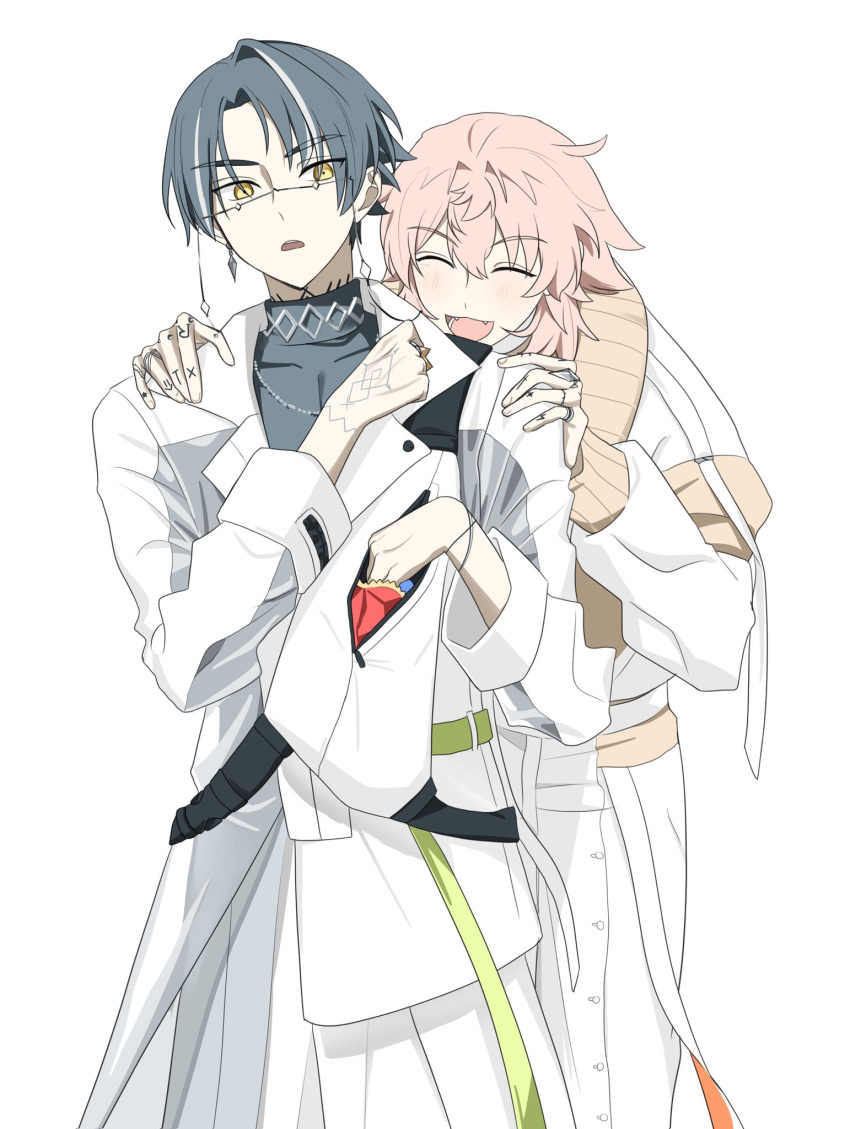 2boys, black_hair, black_shirt, grey_background, grey_hair, highres, hug, hug_from_behind