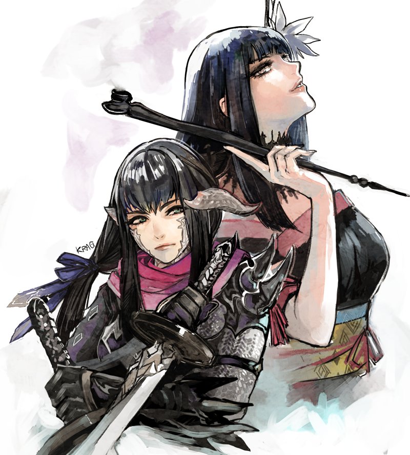 2girls, au_ra, black_collar, black_gloves, black_hair, black_kimono, blunt_bangs, collar