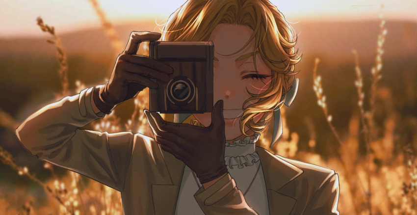 1girl, alice_deross, blonde_hair, blue_bow, bow, brown_coat, camera, closed_eyes