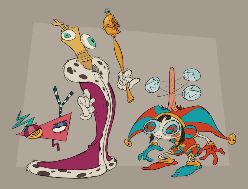 1boy, 2girls, @_@, blue_eyes, bubble_(the_amazing_digital_circus), coat, commentary, disembodied_limb