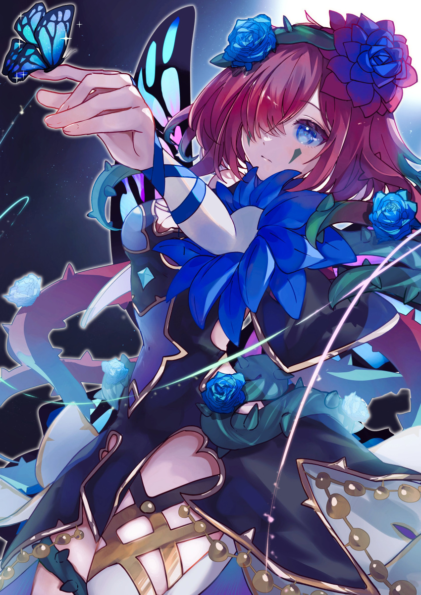 1girl, absurdres, black_dress, blue_eyes, blue_flower, blue_rose, bug, butterfly