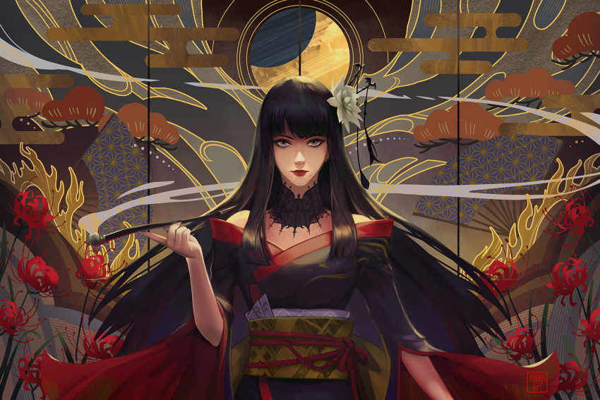 1girl, artist_name, bare_shoulders, bat_hair_ornament, black_collar, black_hair, black_kimono, blunt_bangs