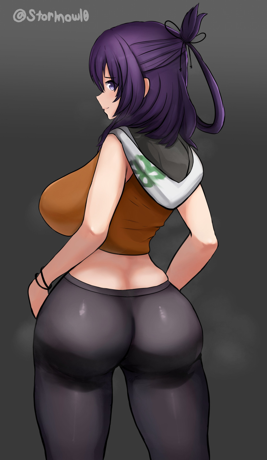1girl, absurdres, ao_no_kiseki, ass, black_background, bracelet, breasts, crop_top, eiyuu_densetsu, from_behind, good_ass_day, half_updo, highres, huge_ass, huge_breasts, jewelry, looking_back, purple_hair, rixia_mao, sidelocks, simple_background, smile, solo, stormowl0, twitter_username, violet_eyes, zero_no_kiseki