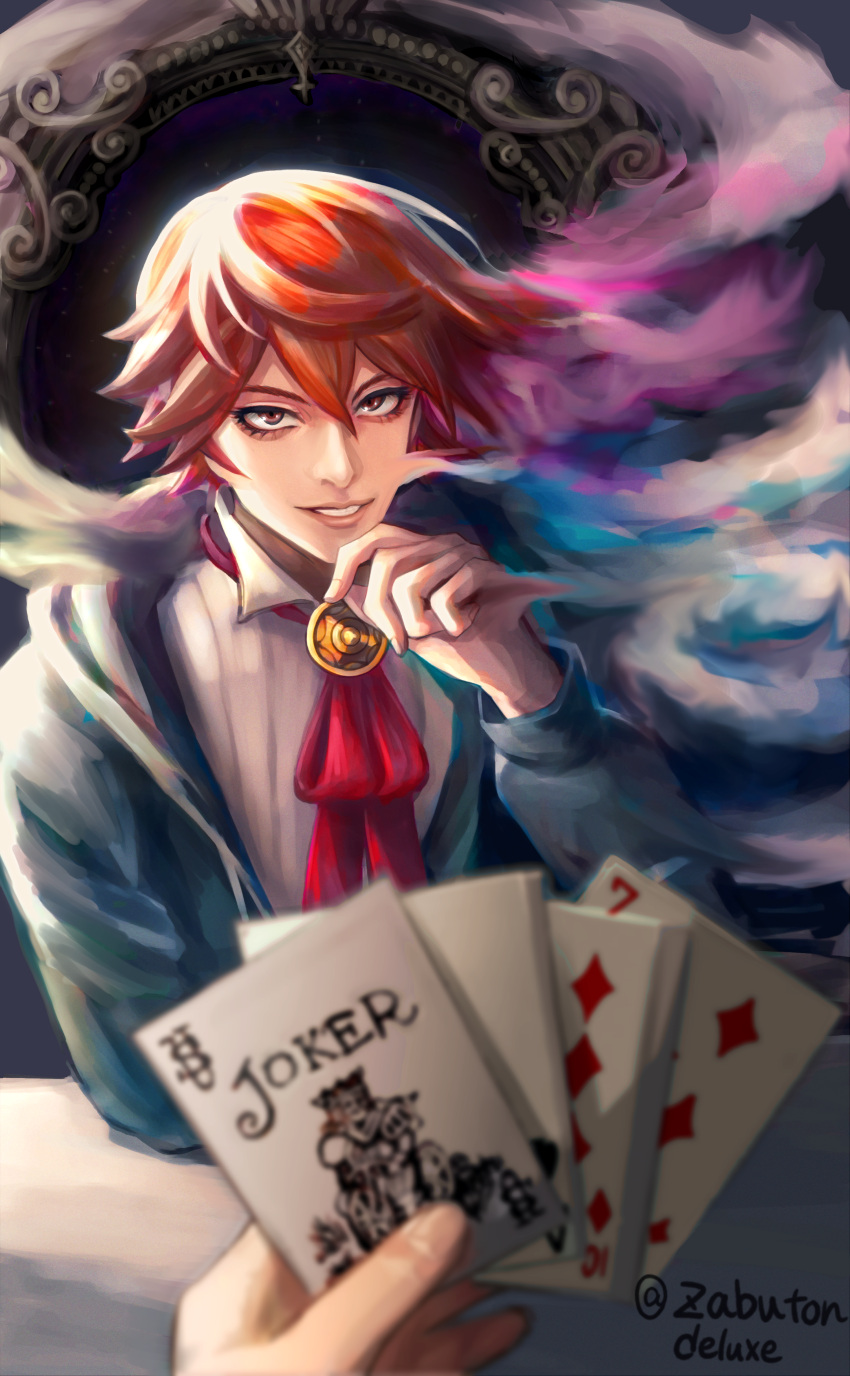 1boy, 1other, absurdres, ascot, brown_eyes, card, collared_shirt, eyelashes, grin, hand_on_own_chin, highres, holding, holding_card, joker_(playing_card), junket_bank, mafutsu_shin, male_focus, orange_hair, playing_card, red_ascot, seven_of_diamonds, shirt, smile, solo_focus, user_mxwu5757, white_shirt