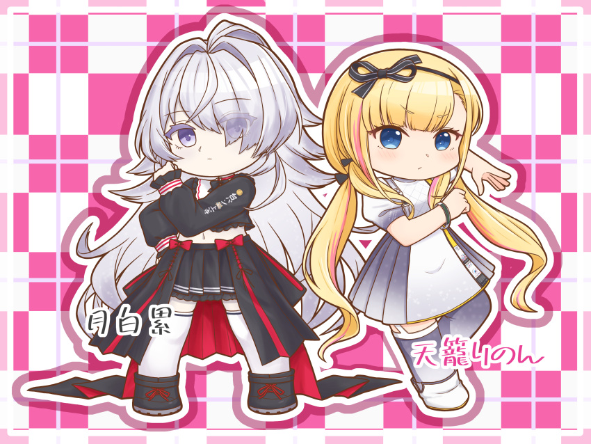 2girls, amakomo_linon, black_hairband, black_jacket, blue_hair, bow, chibi, cosplay