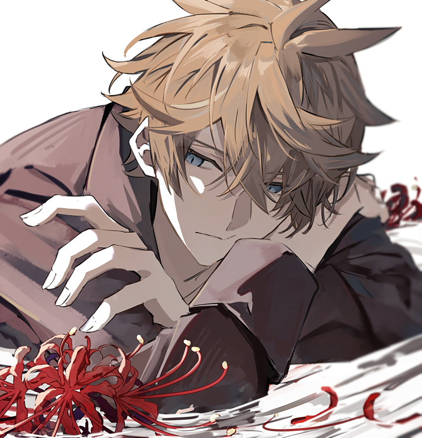 1boy, alternate_costume, bishounen, blue_eyes, flower, frown, genshin_impact, highres