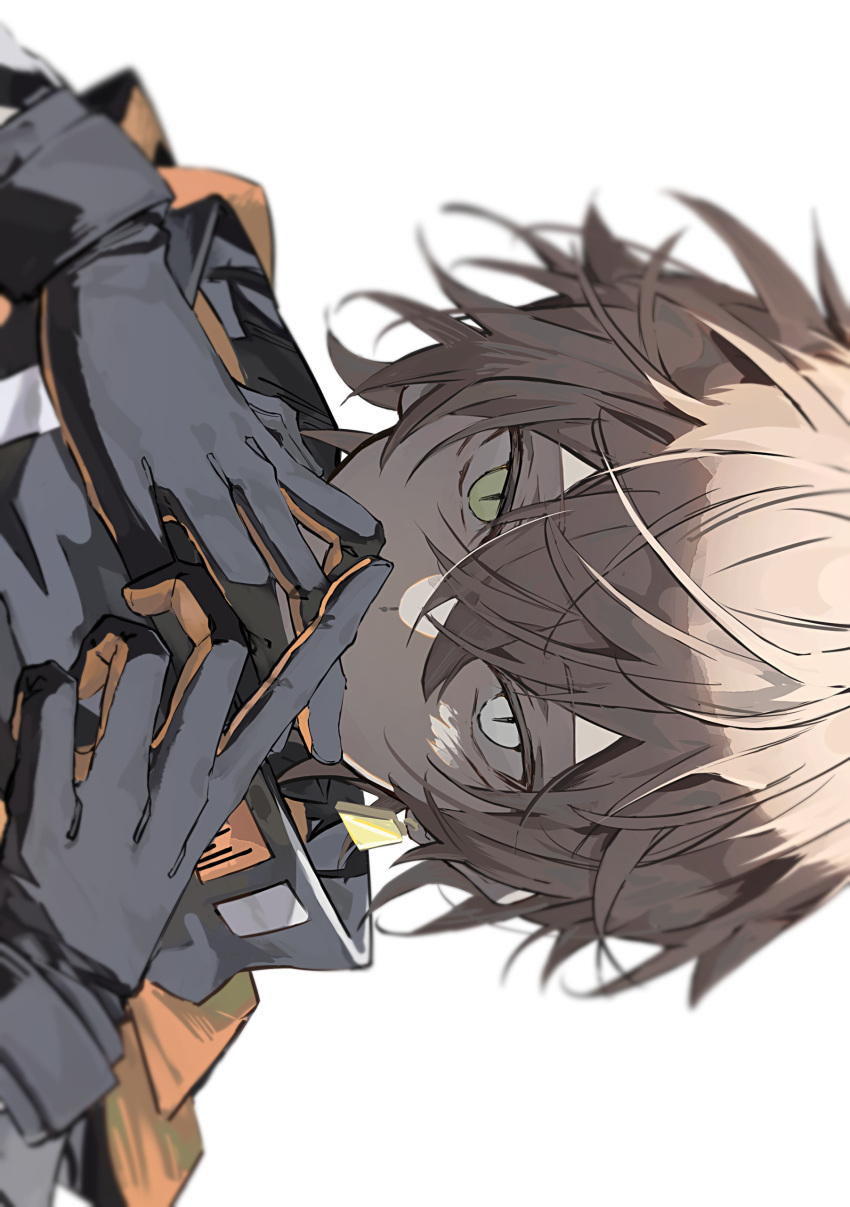 1boy, absurdres, alban_knox, animal_ears, bishounen, black_gloves, brown_hair, cat_boy, cat_ears, gloves, heterochromia, highres, hitoyuki_00, male_focus, nijisanji, nijisanji_en, short_hair, simple_background, solo, upper_body, white_background