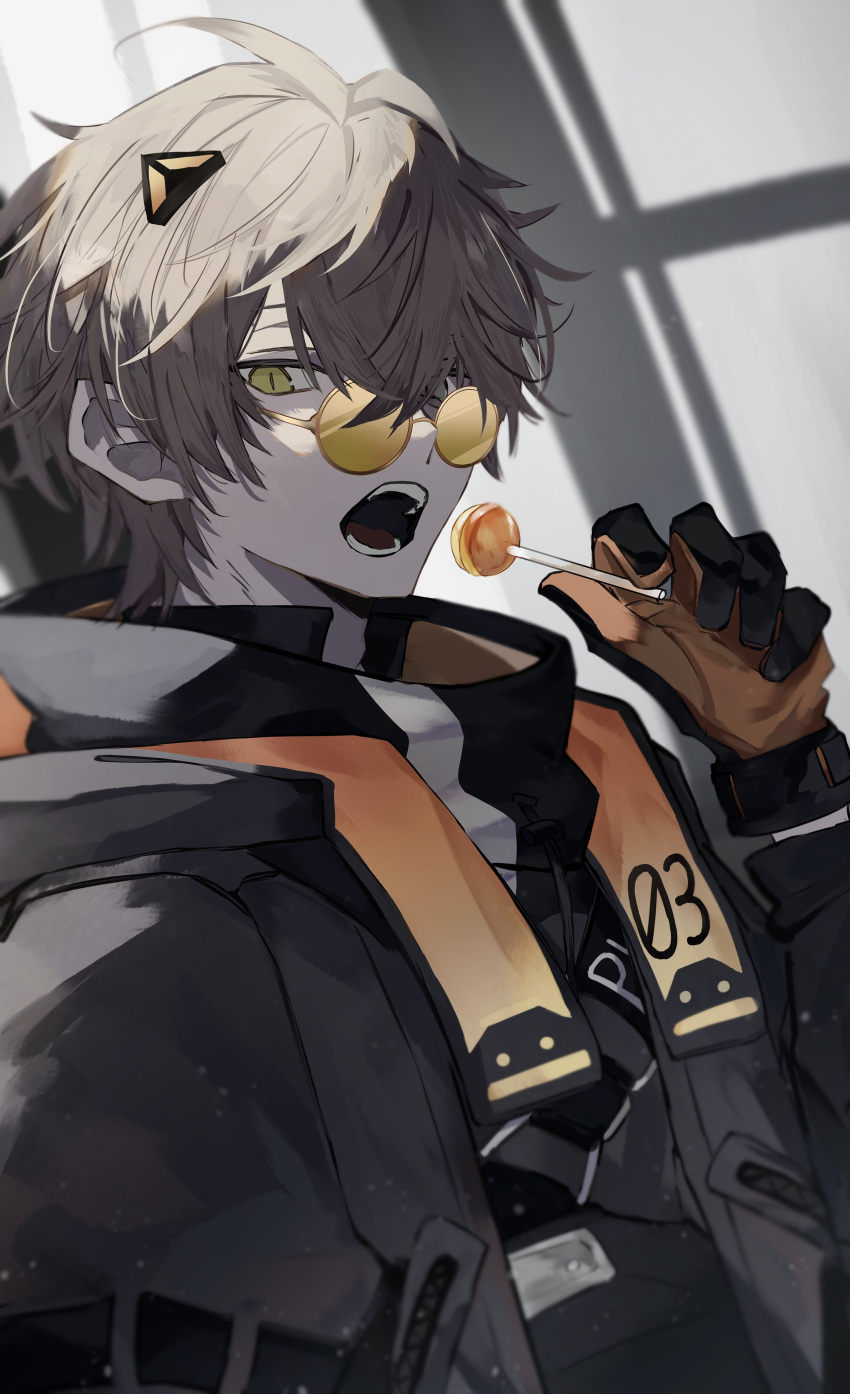 1boy, absurdres, alban_knox, animal_ears, bishounen, black_gloves, brown_hair, candy