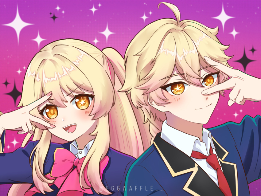 1boy, 1girl, aether_(genshin_impact), blonde_hair, blue_jacket, bow, bowtie, brother_and_sister