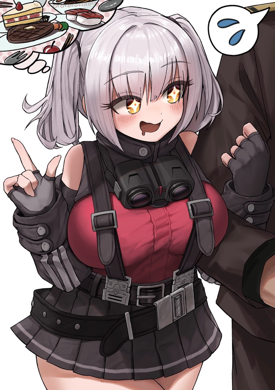 +_+, 1boy, 1girl, belorta_(nikke), belt, binoculars, black_belt, black_gloves, black_shirt, black_skirt, blush, breasts, cake, cake_slice, clothing_cutout, commander_(nikke), commentary_request, detached_sleeves, fingerless_gloves, food, gloves, goddess_of_victory:_nikke, grey_hair, highres, large_breasts, locked_arms, medium_hair, o_o_k_i_n_a, open_mouth, pleated_skirt, red_shirt, shirt, short_twintails, shoulder_cutout, skirt, sushi, suspender_skirt, suspenders, thought_bubble, twintails, yellow_eyes