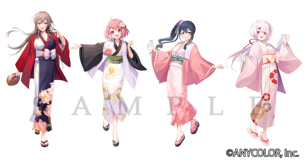 4girls, :d, ahoge, bag, black_hair, black_kimono, black_sleeves, blue_eyes