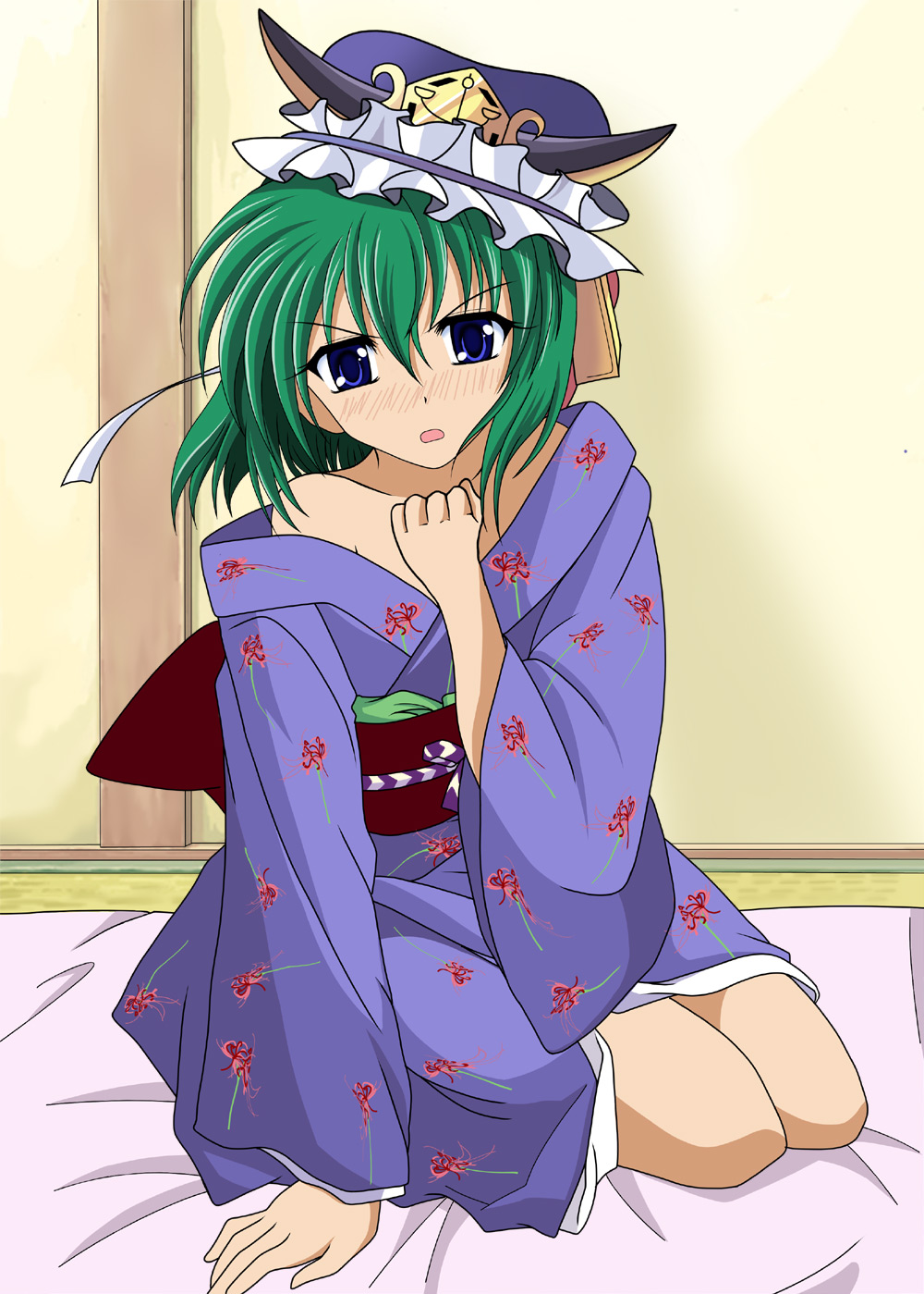 bare_shoulders, blue_eyes, blush, green_hair, hat, highres, japanese_clothes, obi, off_shoulder, ougi_(ihayasaka), shikieiki_yamaxanadu, short_hair, sitting, solo, touhou
