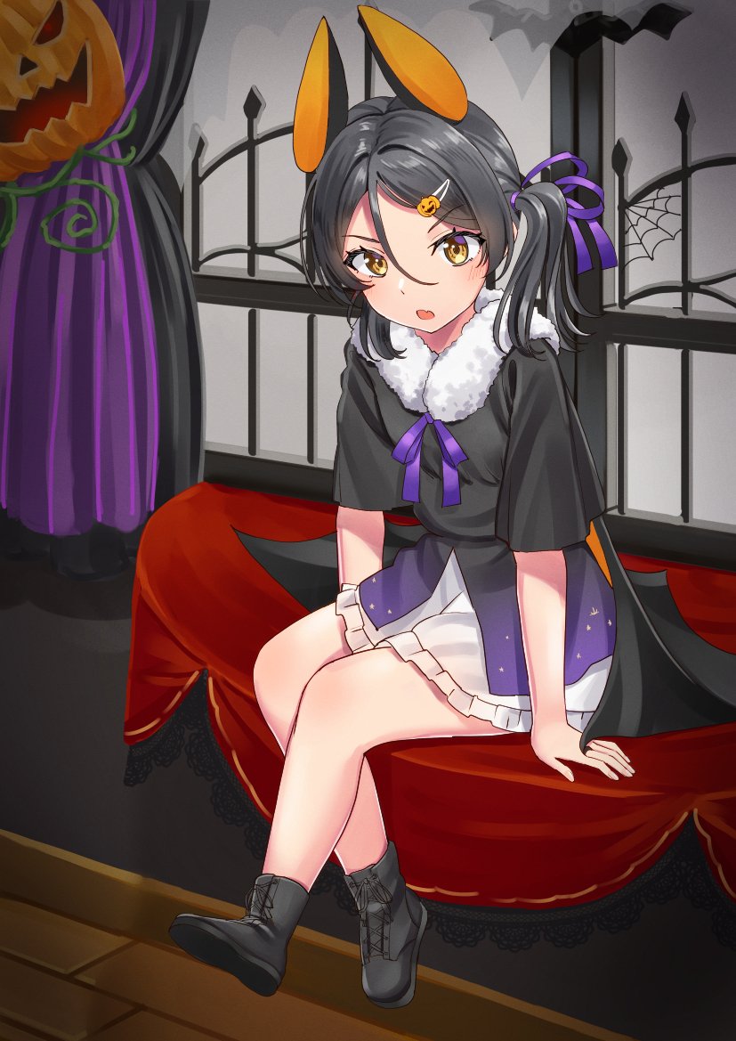 1girl, animal_ears, bat_ears, black_footwear, black_hair, black_jacket, black_shirt, boots