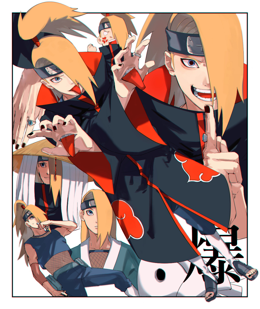1boy, akatsuki_uniform, anger_vein, black_nails, blank_eyes, blonde_hair, blue_eyes, border