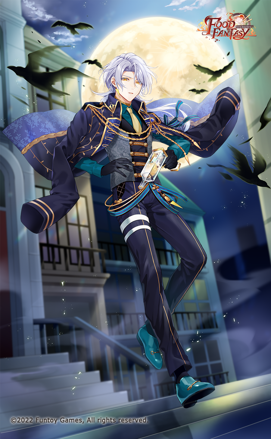 1boy, aiguillette, aqua_footwear, aqua_shirt, bird, bishounen, black_gloves, black_pants