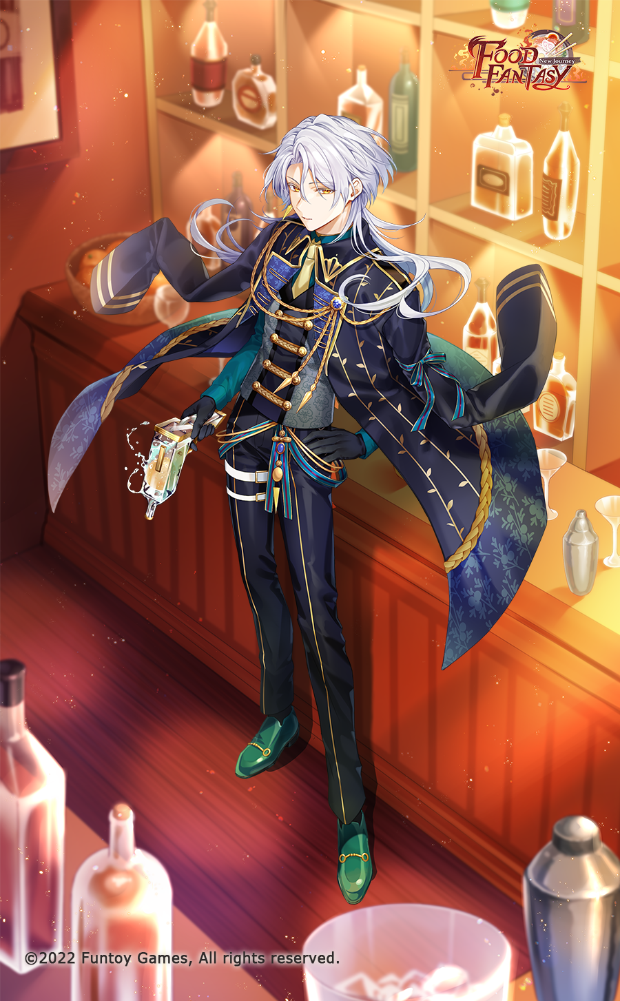 1boy, aiguillette, alcohol, aqua_shirt, bar_(place), bishounen, black_gloves, black_pants