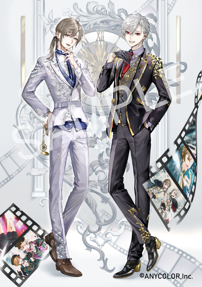 2boys, :d, adjusting_clothes, adjusting_necktie, analog_clock, belt, black_footwear, black_gloves