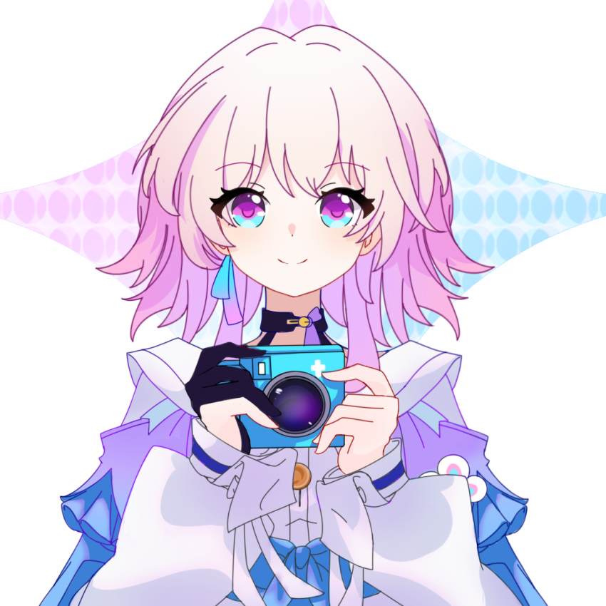 1girl, black_choker, blue_eyes, blue_jacket, buttons, camera, chinese_commentary, choker, closed_mouth, dress_shirt, earrings, flower_ornament, gloves, hands_up, holding, holding_camera, honkai:_star_rail, honkai_(series), jacket, jewelry, long_sleeves, march_7th_(honkai:_star_rail), medium_hair, morlvoid, partially_fingerless_gloves, pink_eyes, pink_hair, shirt, single_earring, smile, solo, straight-on, tied_jacket, two-tone_eyes, upper_body, white_shirt