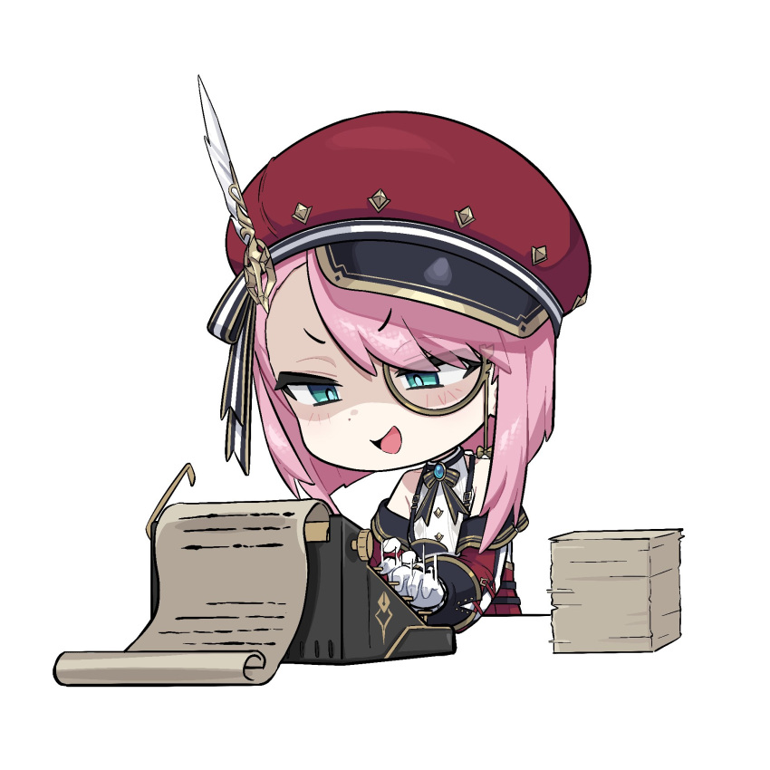 1girl, blue_eyes, blush, charlotte_(genshin_impact), chibi, detached_sleeves, english_commentary, genshin_impact