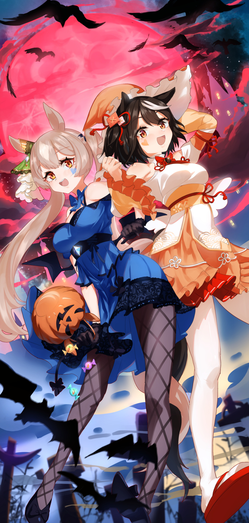 2girls, :d, absurdres, ahoge, alternate_costume, animal_ears, bare_shoulders, black_footwear, black_hair, blue_dress, bob_cut, brown_eyes, brown_hair, commentary, detached_sleeves, dress, eltir, hair_ribbon, halloween, hat, highres, horse_ears, horse_girl, jack-o'-lantern, kitasan_black_(umamusume), long_hair, looking_at_viewer, multicolored_hair, multiple_girls, pantyhose, red_eyes, red_footwear, red_ribbon, ribbon, satono_diamond_(umamusume), sleeveless, sleeveless_dress, smile, streaked_hair, thighband_pantyhose, twintails, two-tone_hair, umamusume, white_hair, witch_hat