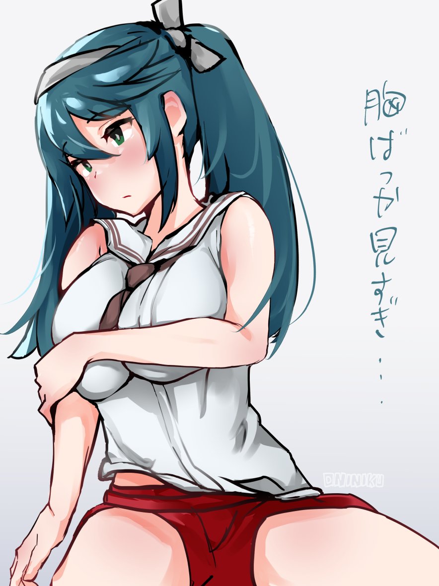 1girl, breasts, brown_neckerchief, commentary_request, green_eyes, green_hair, isuzu_(kancolle), isuzu_kai_ni_(kancolle)