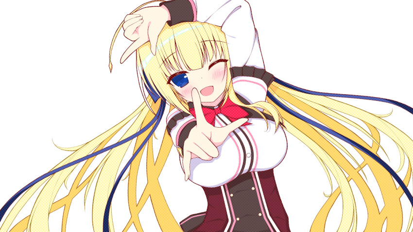 1girl, ;d, ahoge, arm_above_head, arm_up, blonde_hair, blue_eyes, blue_ribbon, blunt_bangs, blush, bow, breasts, commentary, company_connection, floating_hair, garage_73, hair_ribbon, hamidashi_creative, happy, highres, index_finger_raised, issatsu_no_arrow_(meme), large_breasts, long_hair, long_ribbon, long_sleeves, low_twintails, madosoft, meme, one_eye_closed, open_mouth, pinky_out, pointing, pointing_at_viewer, red_bow, ribbon, sakuragi_roofolet_ashe, school_uniform, shirt, simple_background, smile, solo, twintails, upper_body, very_long_hair, wagamama_high_spec, white_background, white_shirt