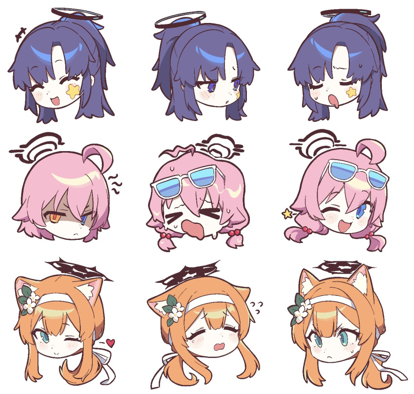 >_<, +++, 3girls, ahoge, animal_ear_fluff, animal_ears, aqua_eyes, blue_archive