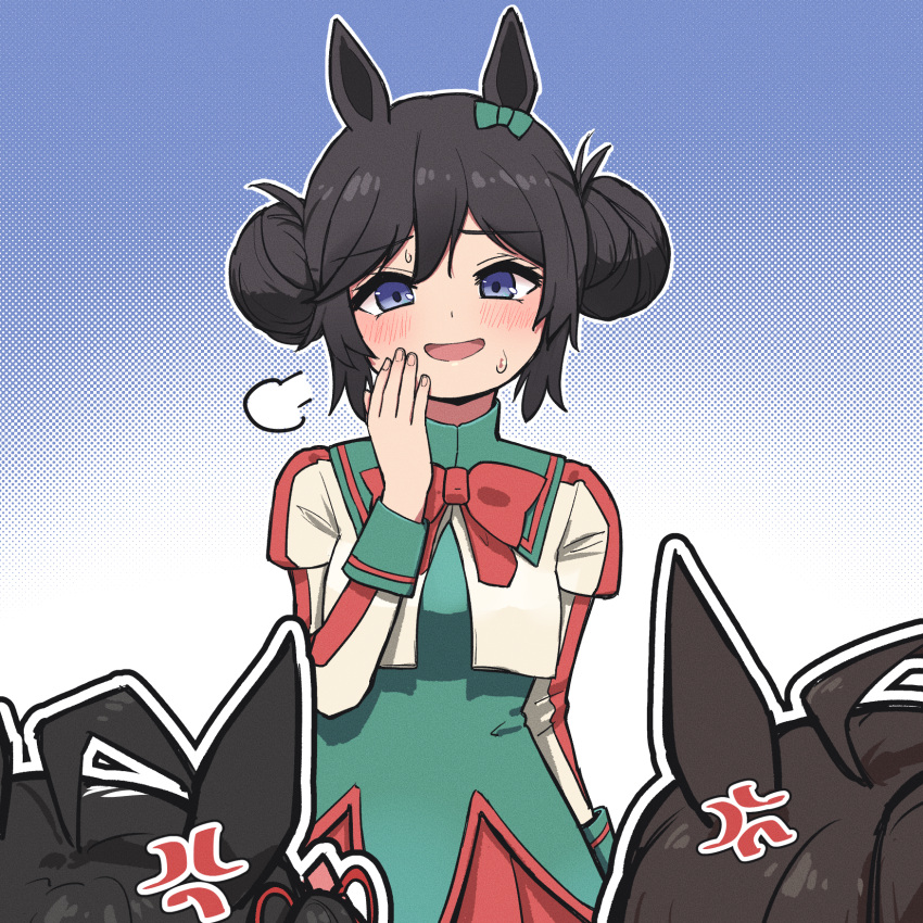 3girls, ahoge, anger_vein, animal_ears, black_hair, blue_background, blue_eyes, breasts