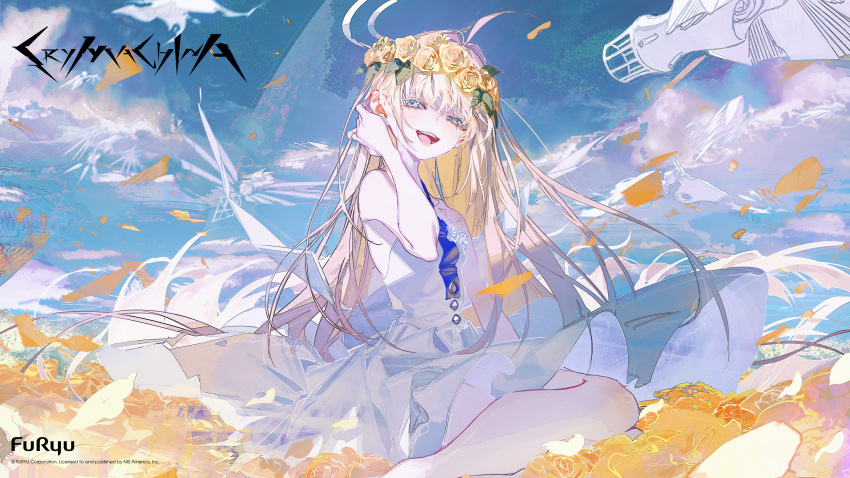 1girl, absurdres, ahoge, artist_request, bare_arms, bare_legs, bare_shoulders, blonde_hair, blue_eyes, copyright_name, crymachina, dress, dress_flower, english_text, enoa_(crymachina), flower, flower_wreath, highres, leaf, long_hair, looking_at_viewer, official_art, official_wallpaper, open_mouth, rose, science_fiction, sky, solo, teeth, upper_teeth_only, white_dress, white_flower, white_rose, yellow_flower, yellow_rose