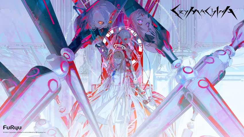 4girls, absurdres, ami_shido_(crymachina), artist_request, bare_arms, bare_shoulders, black_shirt, blonde_hair