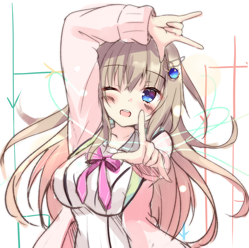 1girl, 9-nine-, ;d, absurdres, arm_above_head, arm_up, blue_eyes, blush