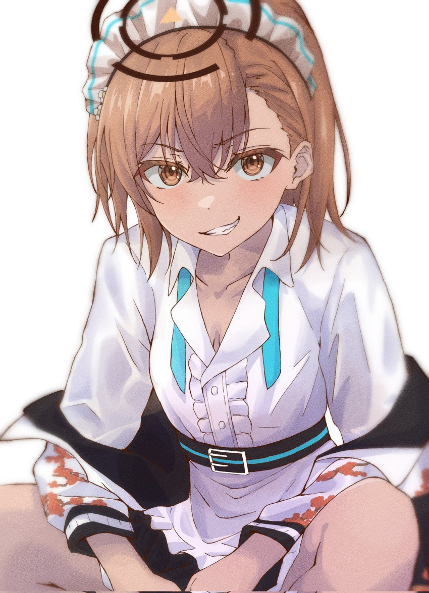 1girl, black_halo, blue_archive, brown_eyes, brown_hair, clothes_down, collarbone, collared_shirt