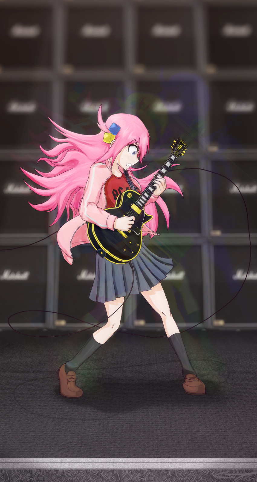 1girl, bangs, blue_eyes, bocchi_the_rock!, cube_hair_ornament, electric_guitar, gibson_les_paul, gotoh_hitori