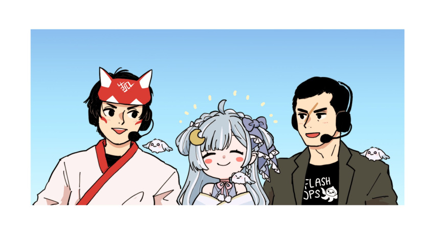 1girl, 2boys, ahoge, amaui, animal_on_shoulder, black_eyes, black_hair, black_shirt