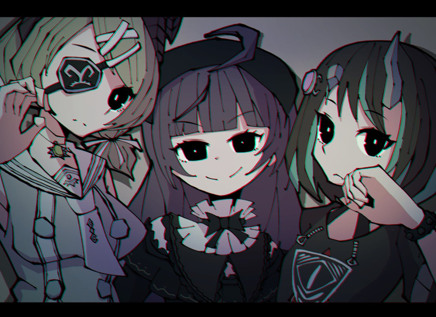 3girls, ahoge, beret, black_dress, black_eyes, black_hair, black_headwear, blue_hair, blunt_bangs, breasts, chromatic_aberration, closed_mouth, collar, commentary_request, cowlick, demon_girl, demon_horns, doronuma, dress, expressionless, eye_hair_ornament, eye_of_providence, eyepatch, flat_chest, frilled_dress, frills, green_shirt, grey_background, grey_collar, hair_ornament, hairclip, hat, horns, letterboxed, long_hair, looking_at_viewer, medium_bangs, medium_breasts, multicolored_hair, multiple_girls, nanashi_inc., necktie, off-shoulder_dress, off_shoulder, official_alternate_costume, sailor_collar, sekishiro_mico, shirt, shishio_chris, shishio_chris_(3rd_costume), shisui_kiki, shisui_kiki_(2nd_costume), short_hair, short_sleeves, simple_background, smile, split_mouth, two-tone_hair, upper_body, virtual_youtuber, white_necktie, white_sailor_collar, wristband