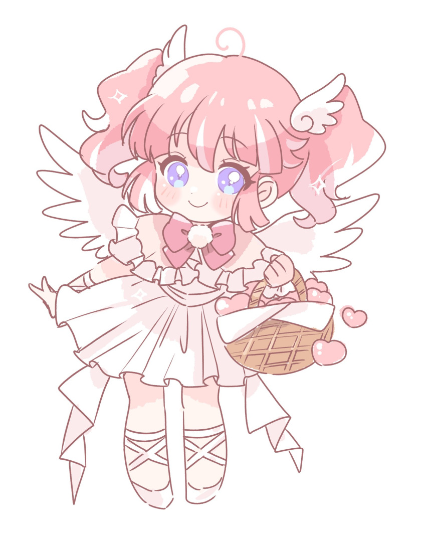 1girl, ahoge, angel_wings, basket, blue_eyes, blush, bow, bowtie