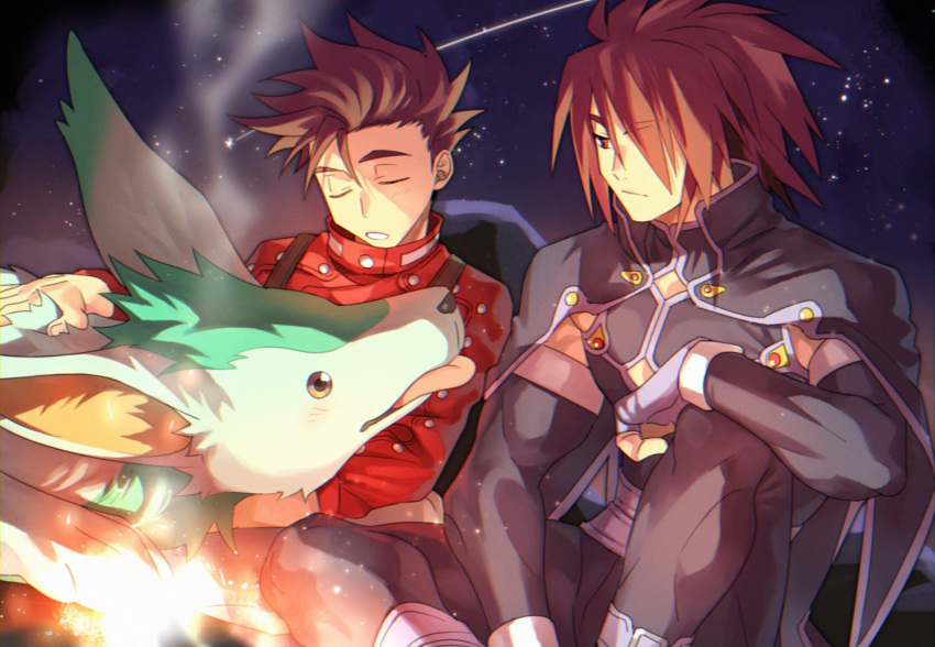 2boys, animal, arm_on_knee, brown_eyes, brown_hair, campfire, cape, cleavage_cutout