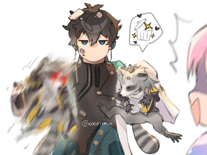 1boy, 1girl, absurdres, animal, animalization, antenna_hair, black_gloves, black_hair