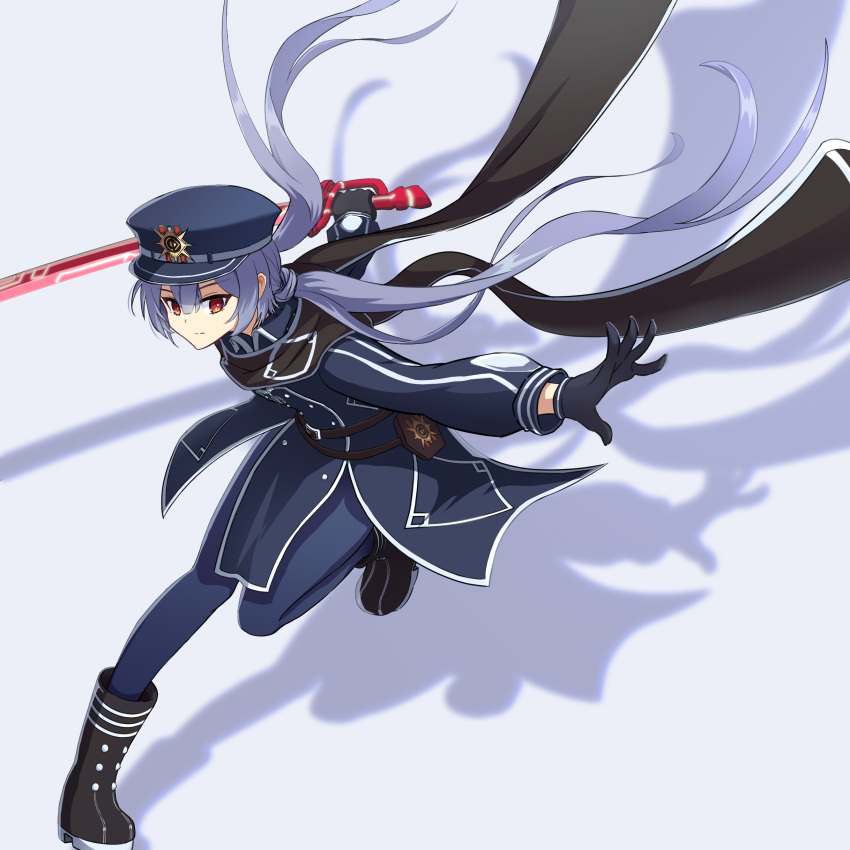 1girl, absurdres, black_headwear, black_scarf, boots, duel_monster, full_body, gloves, grey_hair, hat, highres, holding, holding_sword, holding_weapon, kyrion, long_hair, long_sleeves, peaked_cap, red_eyes, scarf, shadow, sky_striker_ace_-_roze, solo, standing, standing_on_one_leg, sword, twintails, weapon, yu-gi-oh!